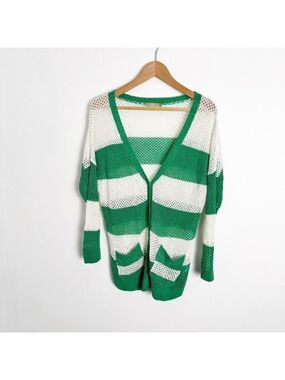 Etam Loose Knit Crochet Cardigan Green and White Stripe size